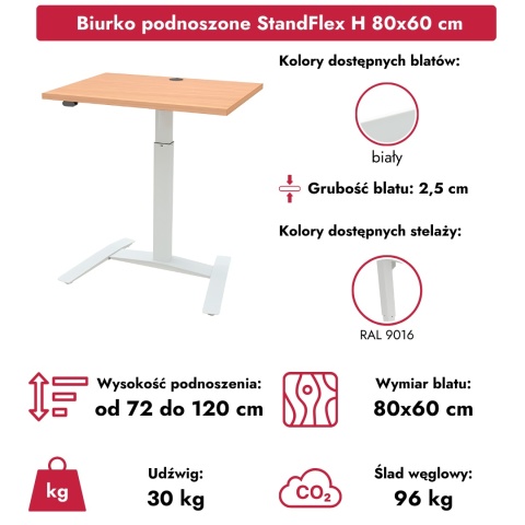 Małe biurko z regulacją wysokości StandFlex H, 80x60 cm